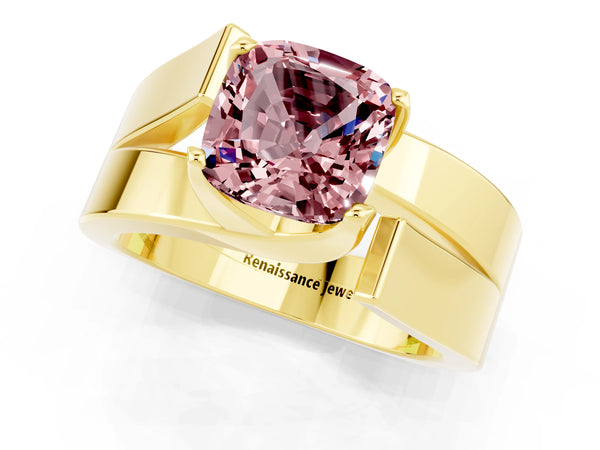 Yellow gold Modern Tension Set Cushion Cut Morganite Solitaire Wide Band Ring