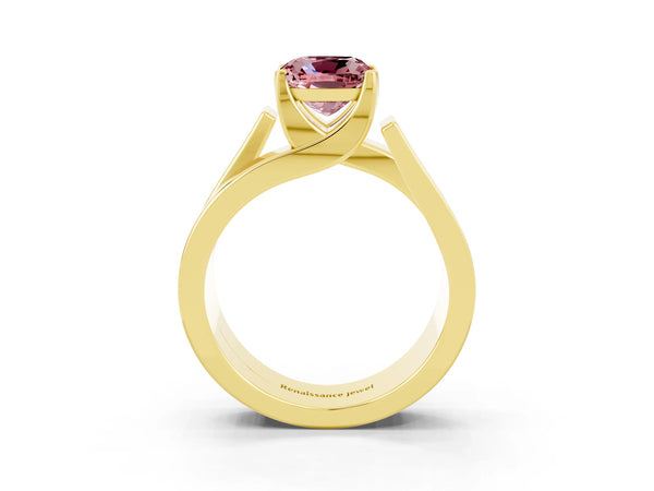 Yellow gold Modern Tension Set Cushion Cut Morganite Solitaire Wide Band Ring