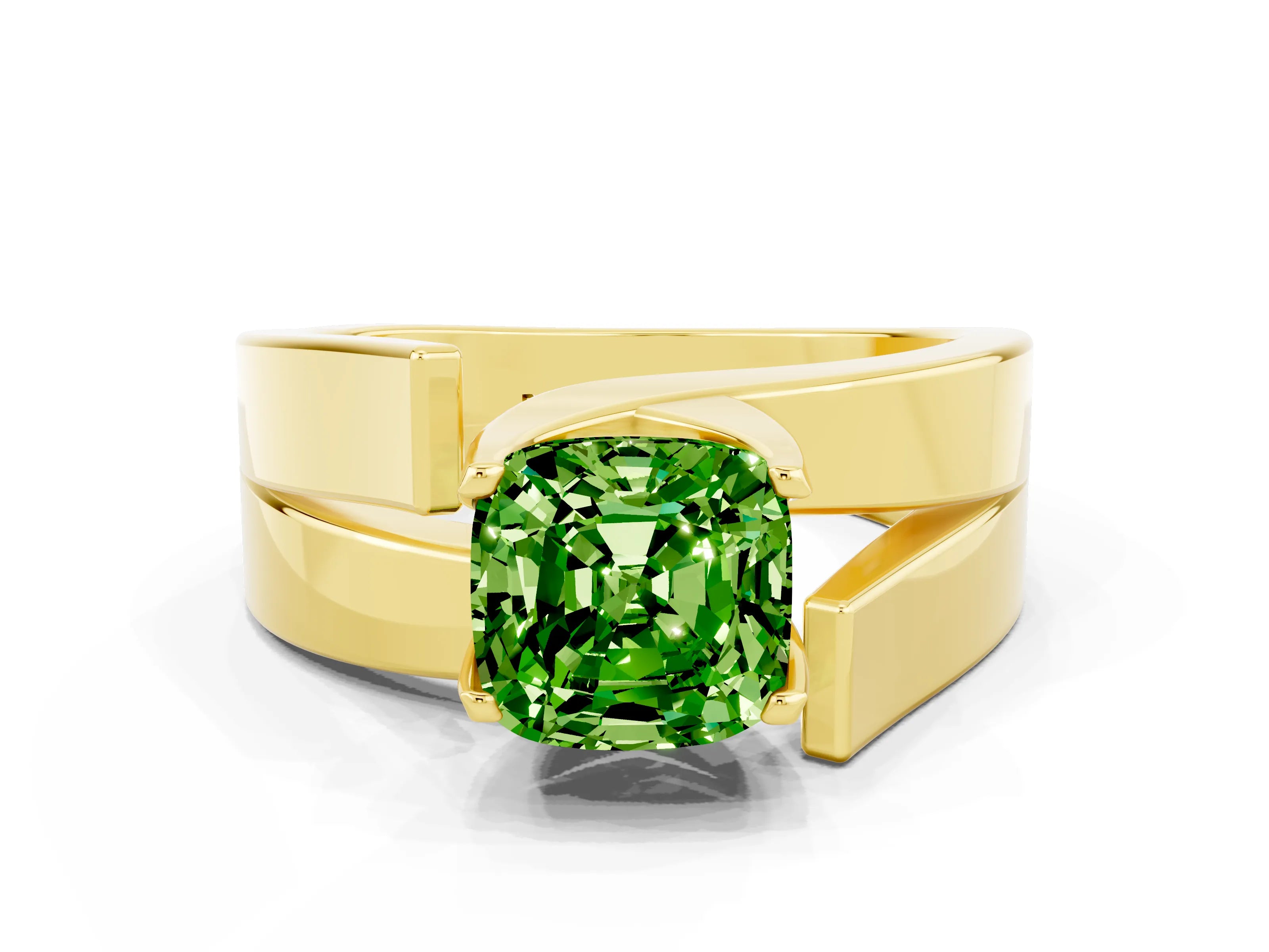 Yellow gold Modern Tension Set Cushion Cut Peridot Solitaire Wide Band Ring