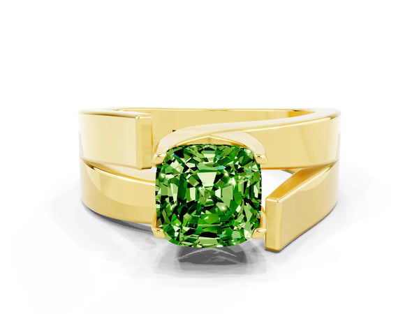 Yellow gold Modern Tension Set Cushion Cut Peridot Solitaire Wide Band Ring