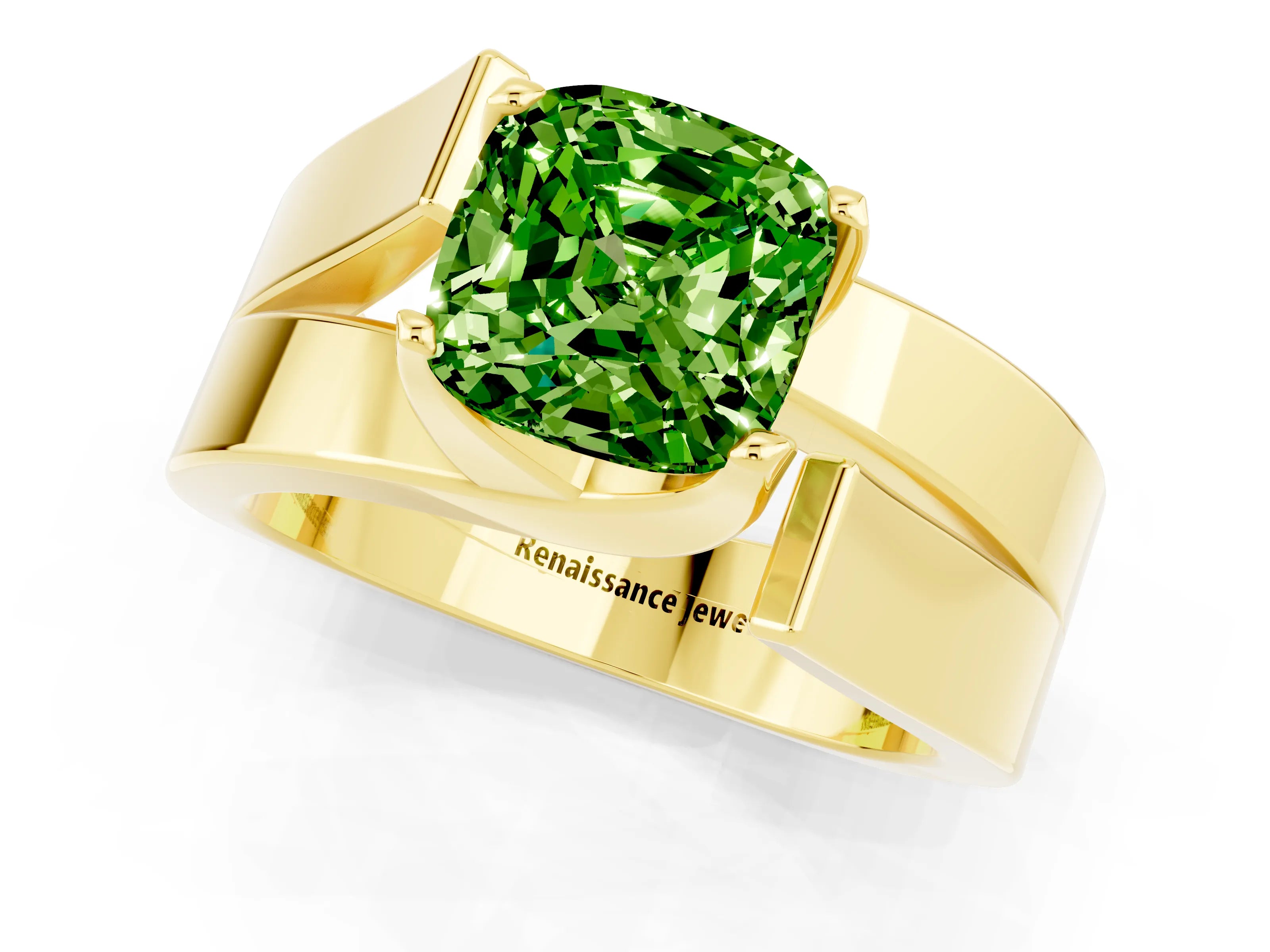 Yellow gold Modern Tension Set Cushion Cut Peridot Solitaire Wide Band Ring_1
