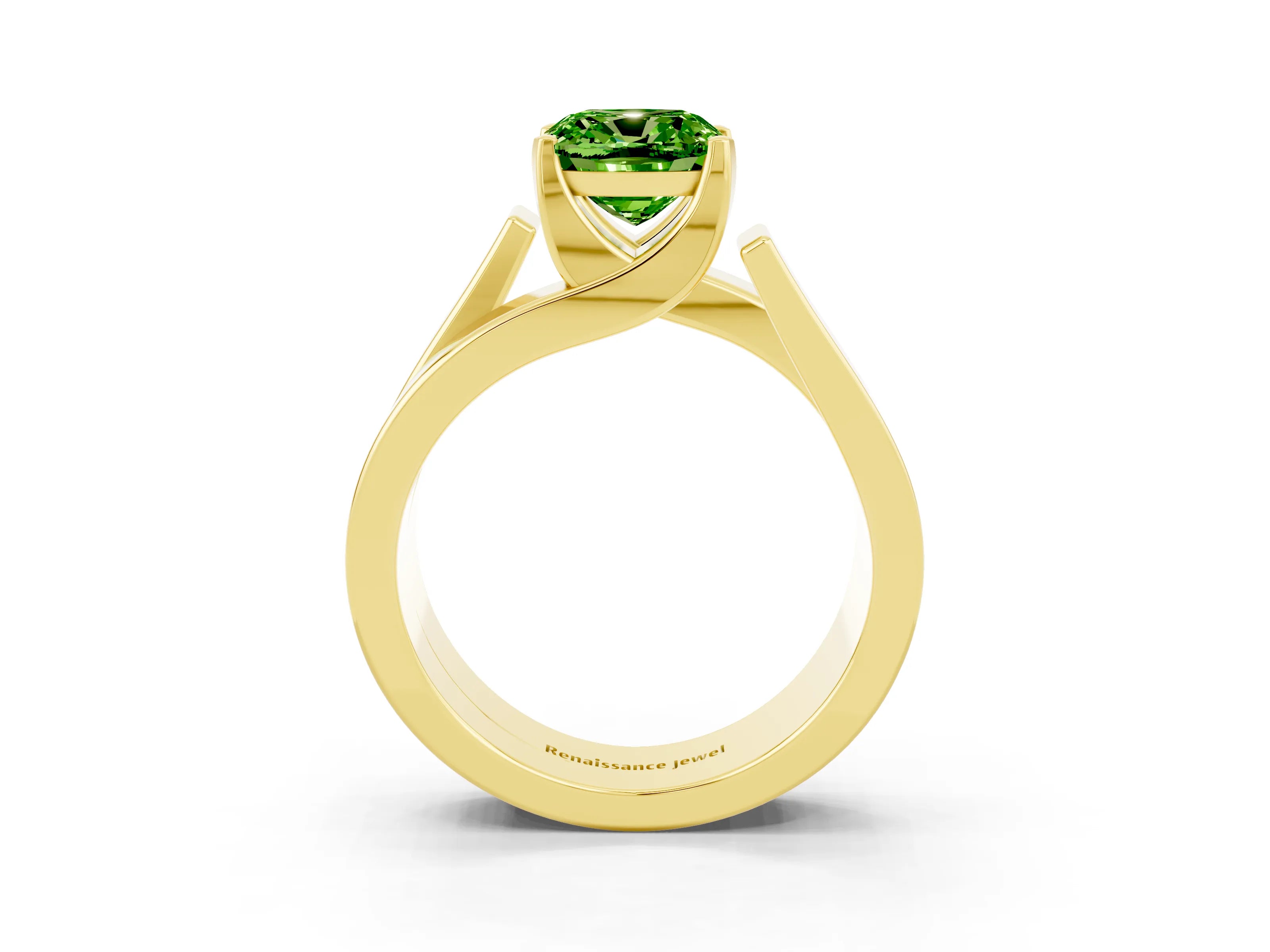 Yellow gold Modern Tension Set Cushion Cut Peridot Solitaire Wide Band Ring_3