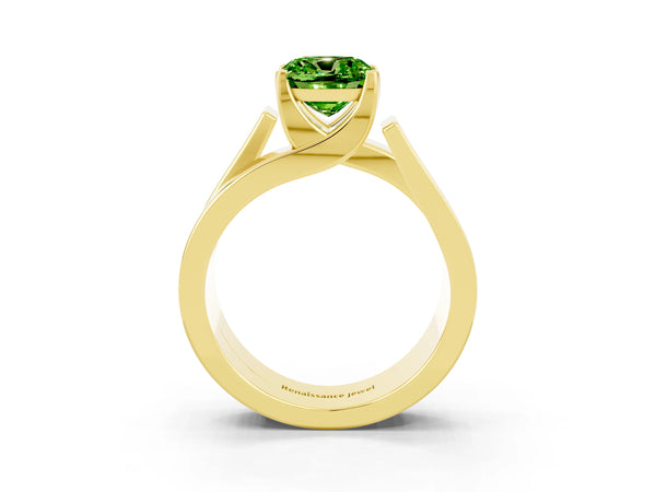 Yellow gold Modern Tension Set Cushion Cut Peridot Solitaire Wide Band Ring