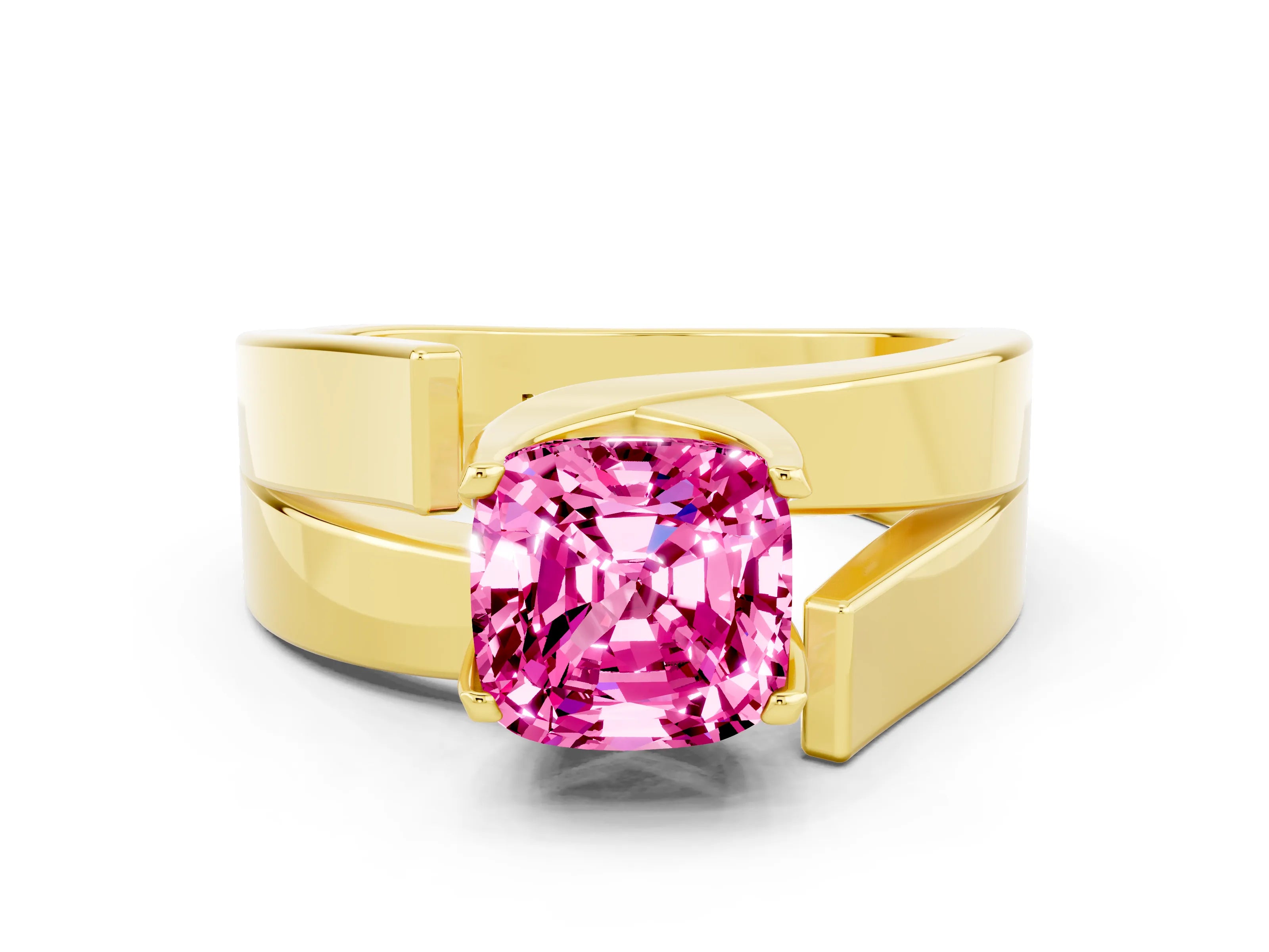 Yellow gold Modern Tension Set Cushion Cut Pink Sapphire Solitaire Wide Band Ring_12