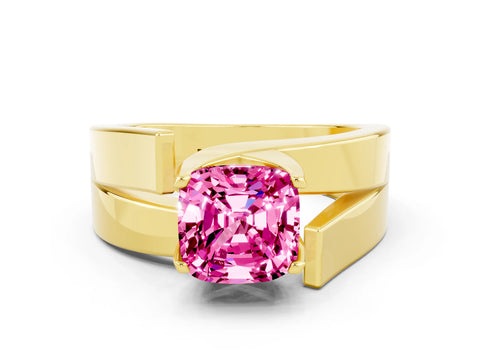 Yellow gold Modern Tension Set Cushion Cut Pink Sapphire Solitaire Wide Band Ring_12