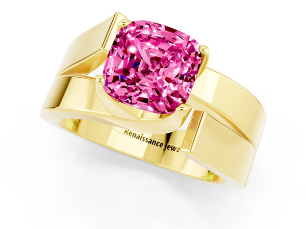 Yellow gold Modern Tension Set Cushion Cut Pink Sapphire Solitaire Wide Band Ring