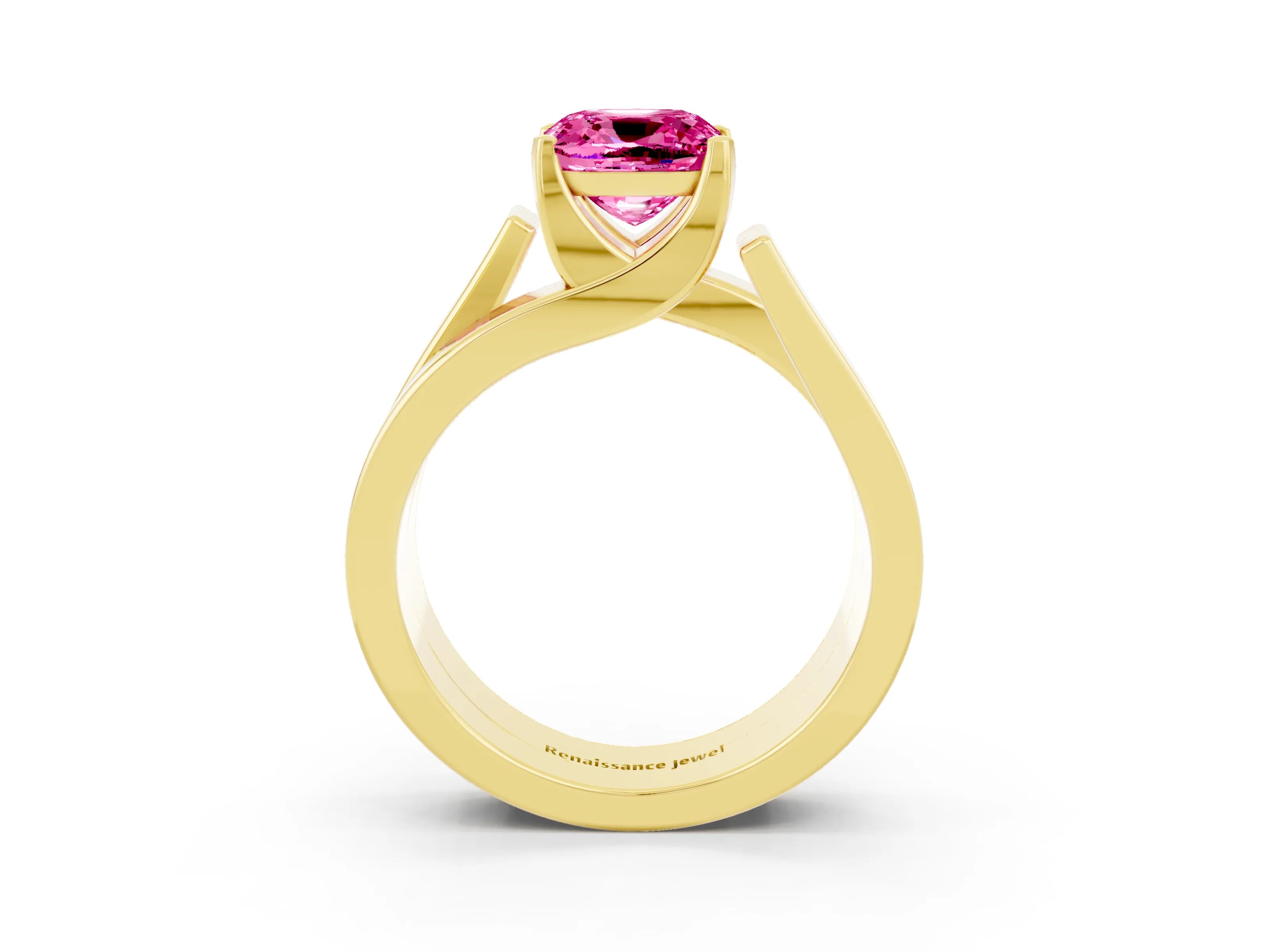 Yellow gold Modern Tension Set Cushion Cut Pink Sapphire Solitaire Wide Band Ring_15