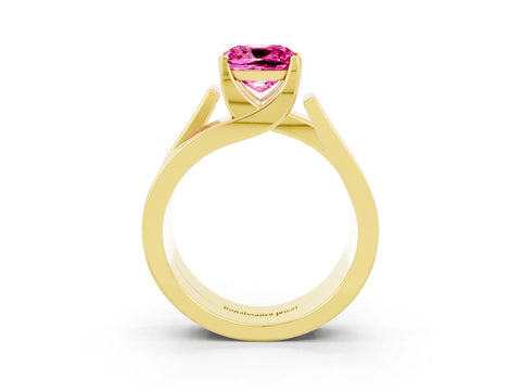 Yellow gold Modern Tension Set Cushion Cut Pink Sapphire Solitaire Wide Band Ring_15