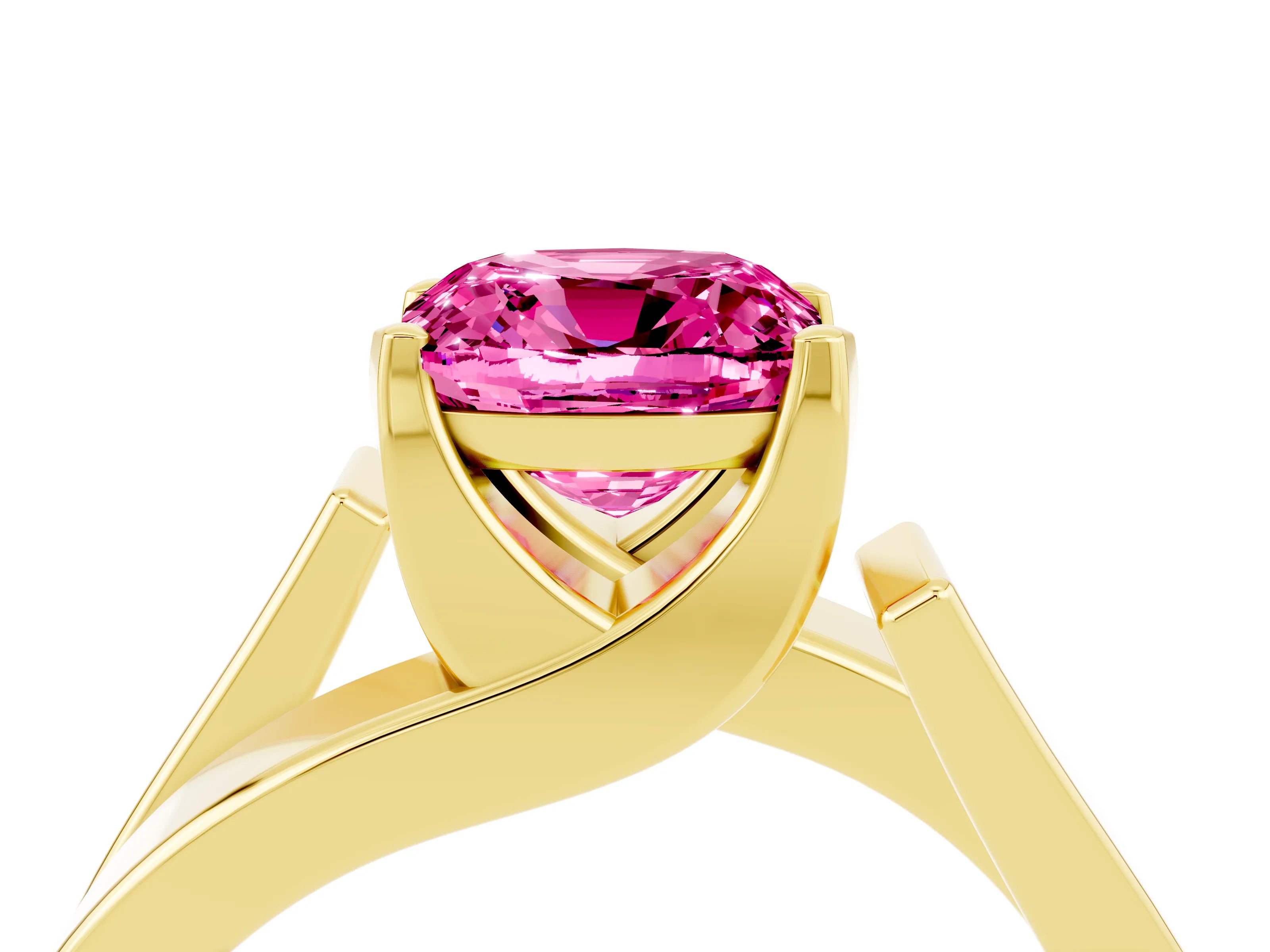 Yellow gold Modern Tension Set Cushion Cut Pink Sapphire Solitaire Wide Band Ring_16