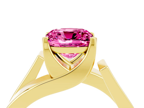Yellow gold Modern Tension Set Cushion Cut Pink Sapphire Solitaire Wide Band Ring_16