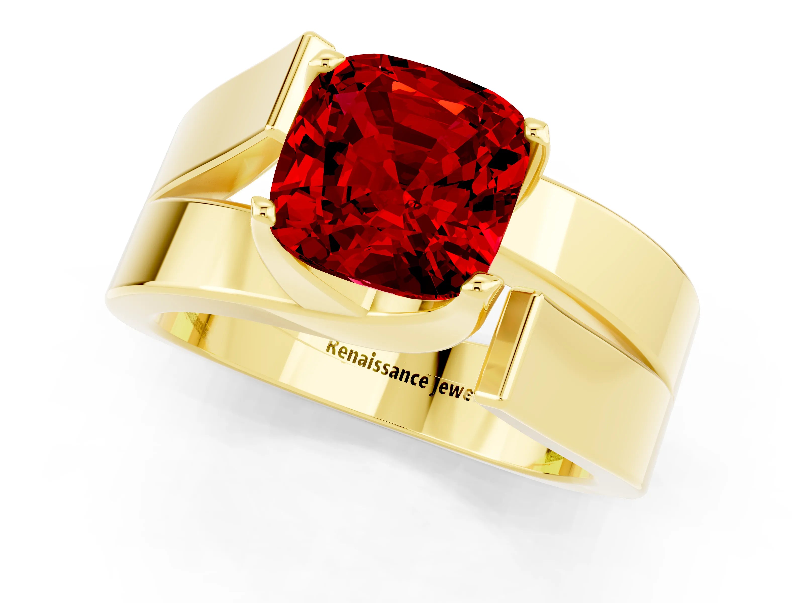Yellow gold Modern Tension Set Cushion Cut Ruby Solitaire Wide Band Ring_1