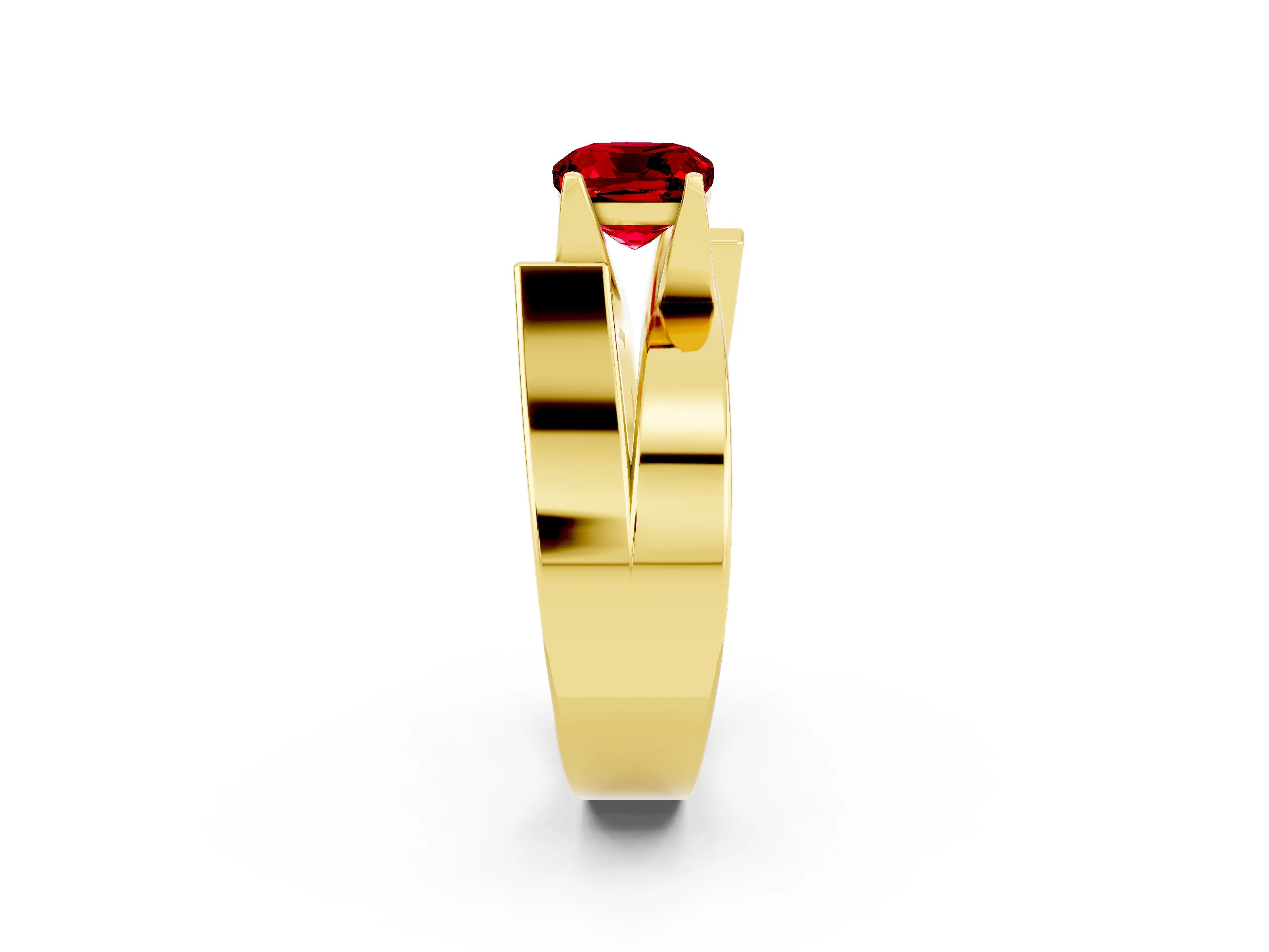 Yellow gold Modern Tension Set Cushion Cut Ruby Solitaire Wide Band Ring_2