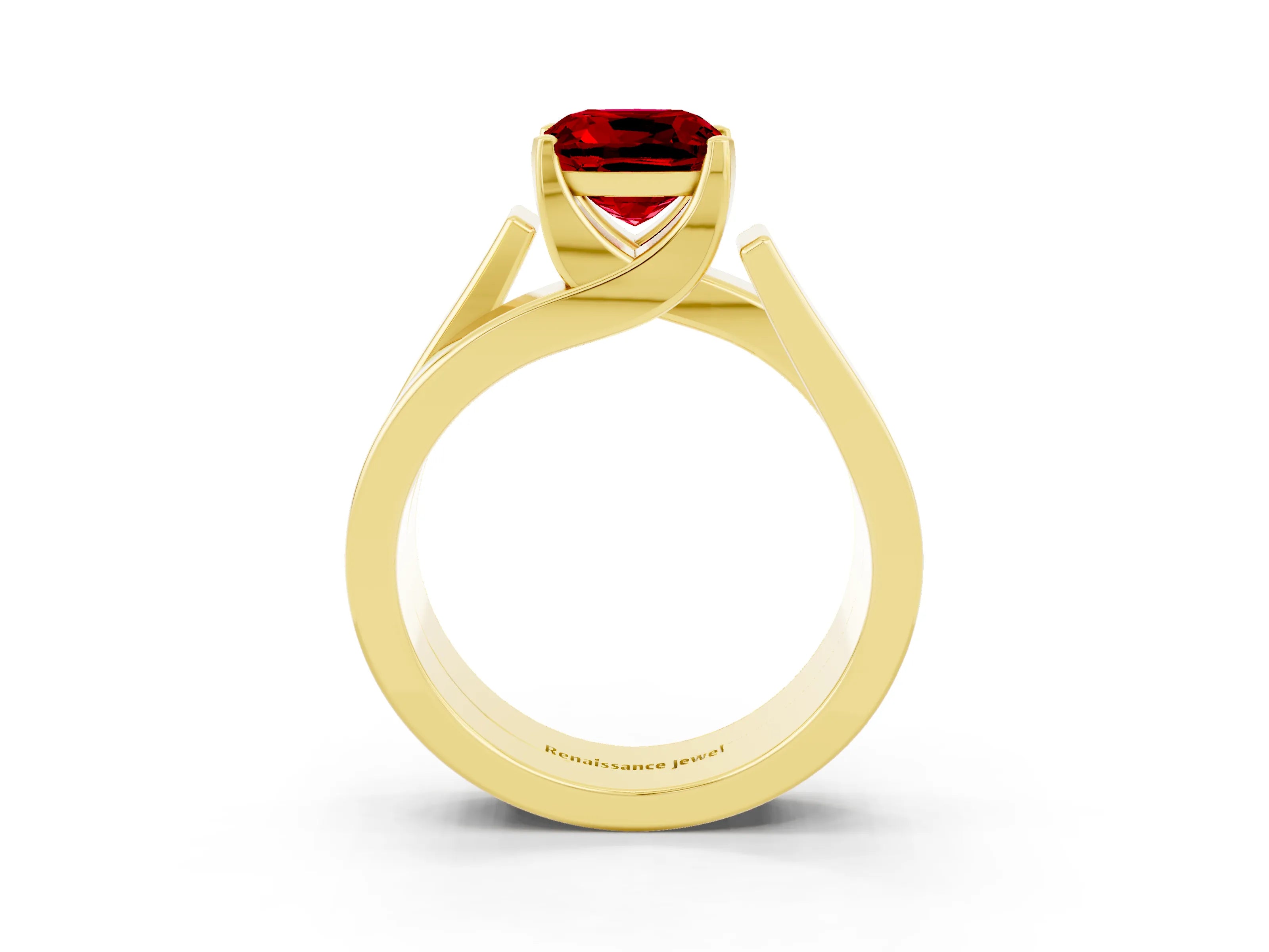 Yellow gold Modern Tension Set Cushion Cut Ruby Solitaire Wide Band Ring_3
