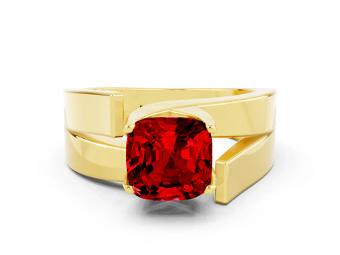 Yellow gold Modern Tension Set Cushion Cut Ruby Solitaire Wide Band Ring
