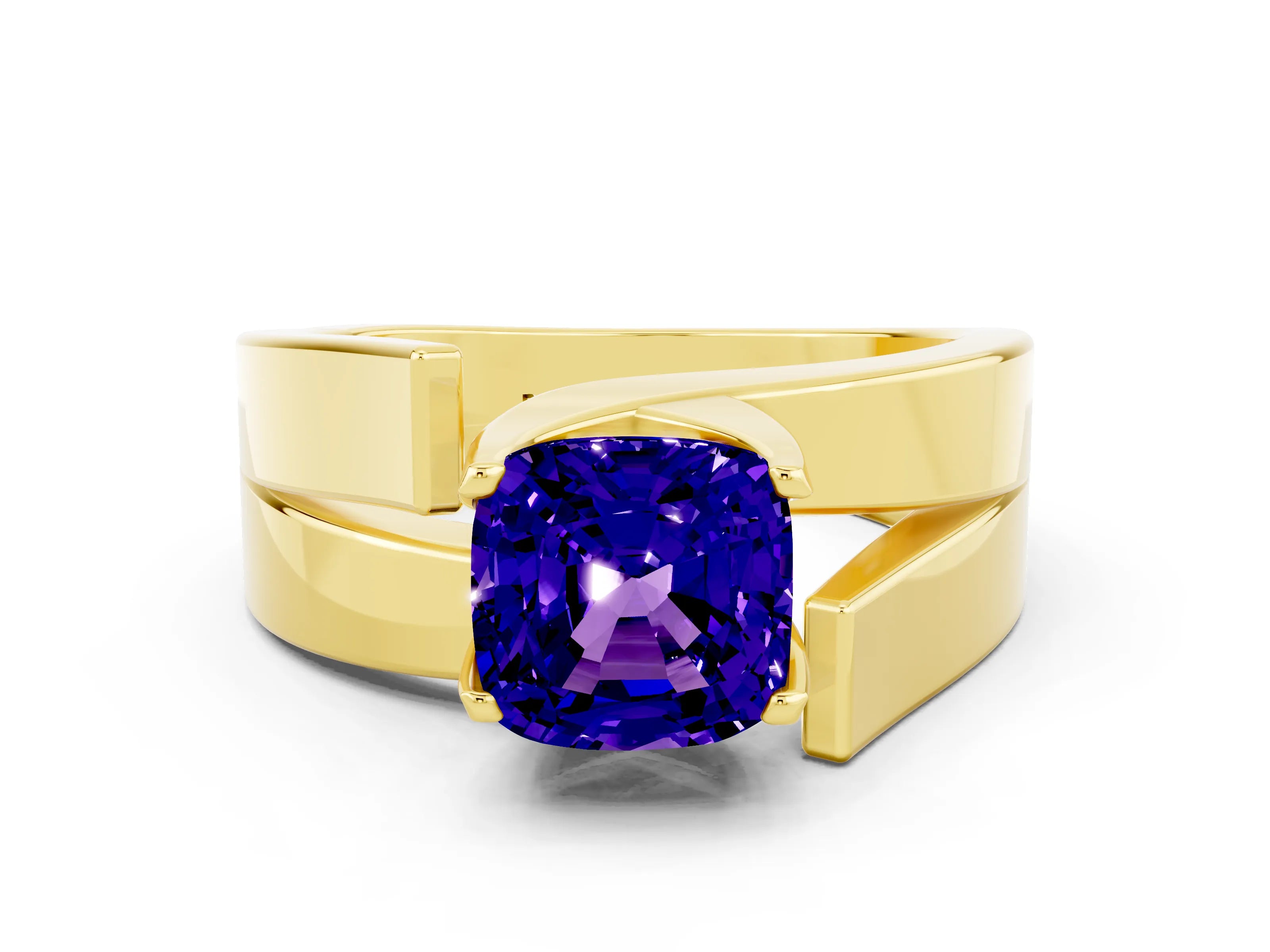 Yellow gold Modern Tension Set Cushion Cut Tanzanite Solitaire Wide Band Ring