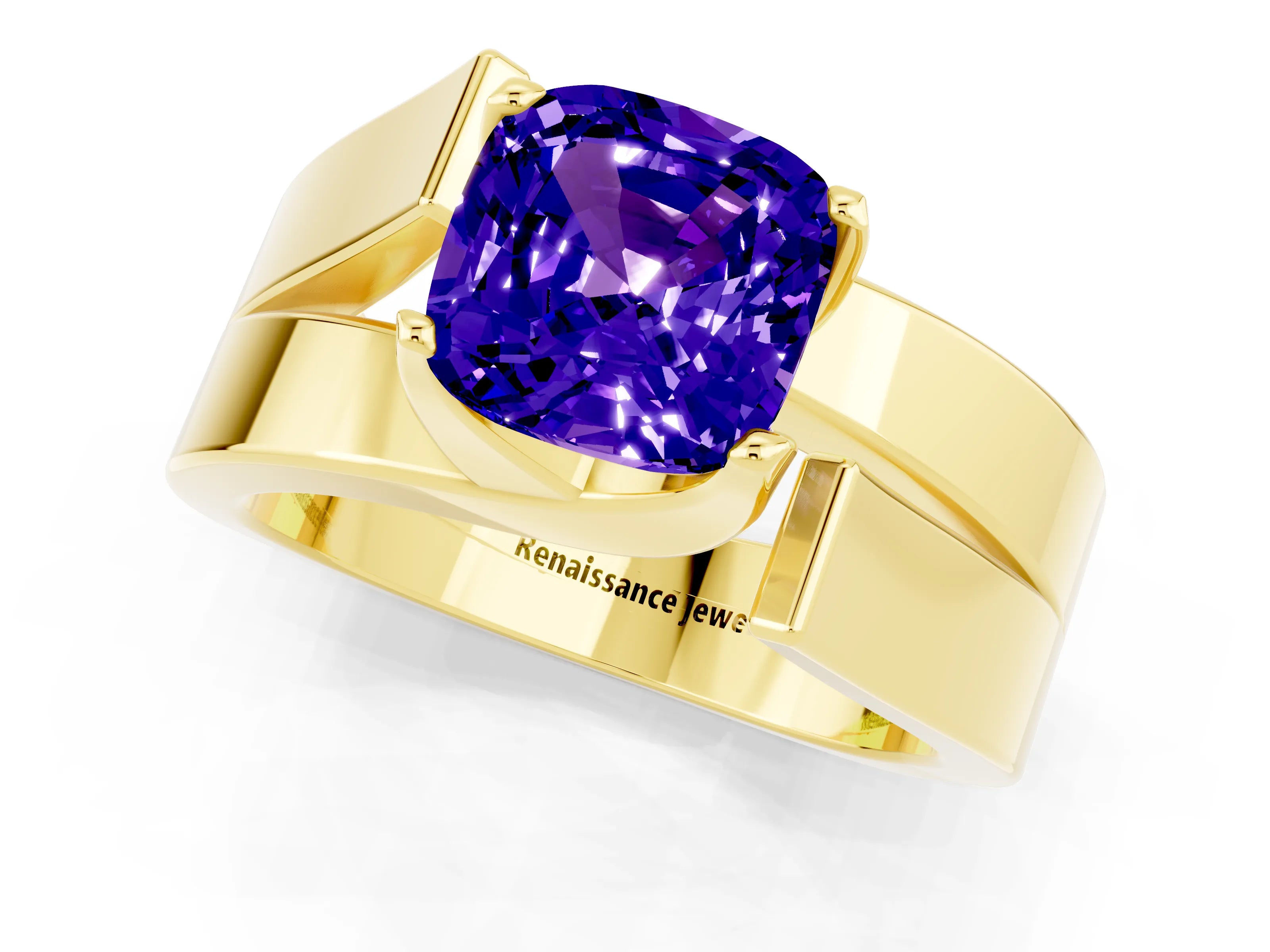 Yellow gold Modern Tension Set Cushion Cut Tanzanite Solitaire Wide Band Ring_1