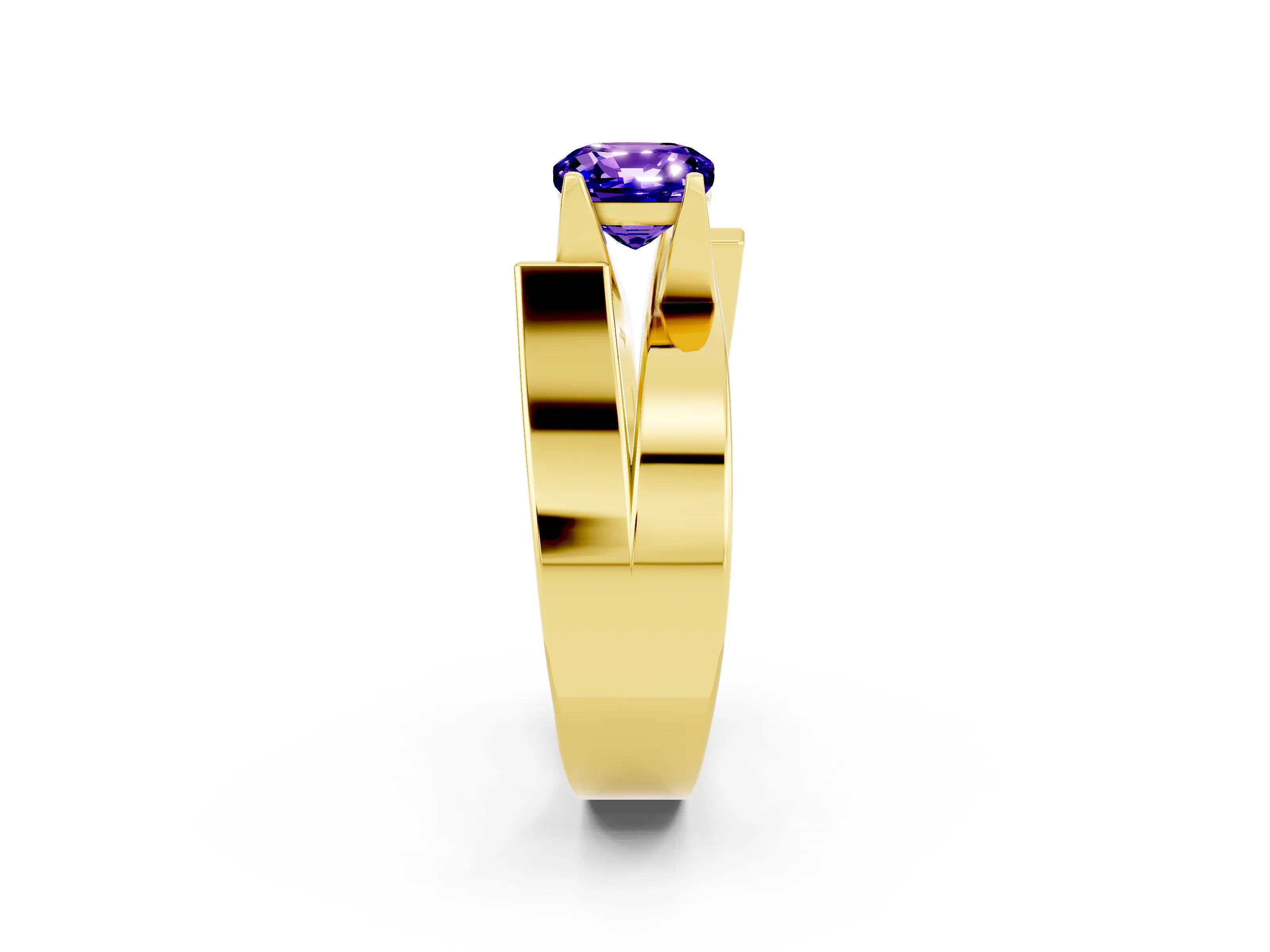 Yellow gold Modern Tension Set Cushion Cut Tanzanite Solitaire Wide Band Ring_2