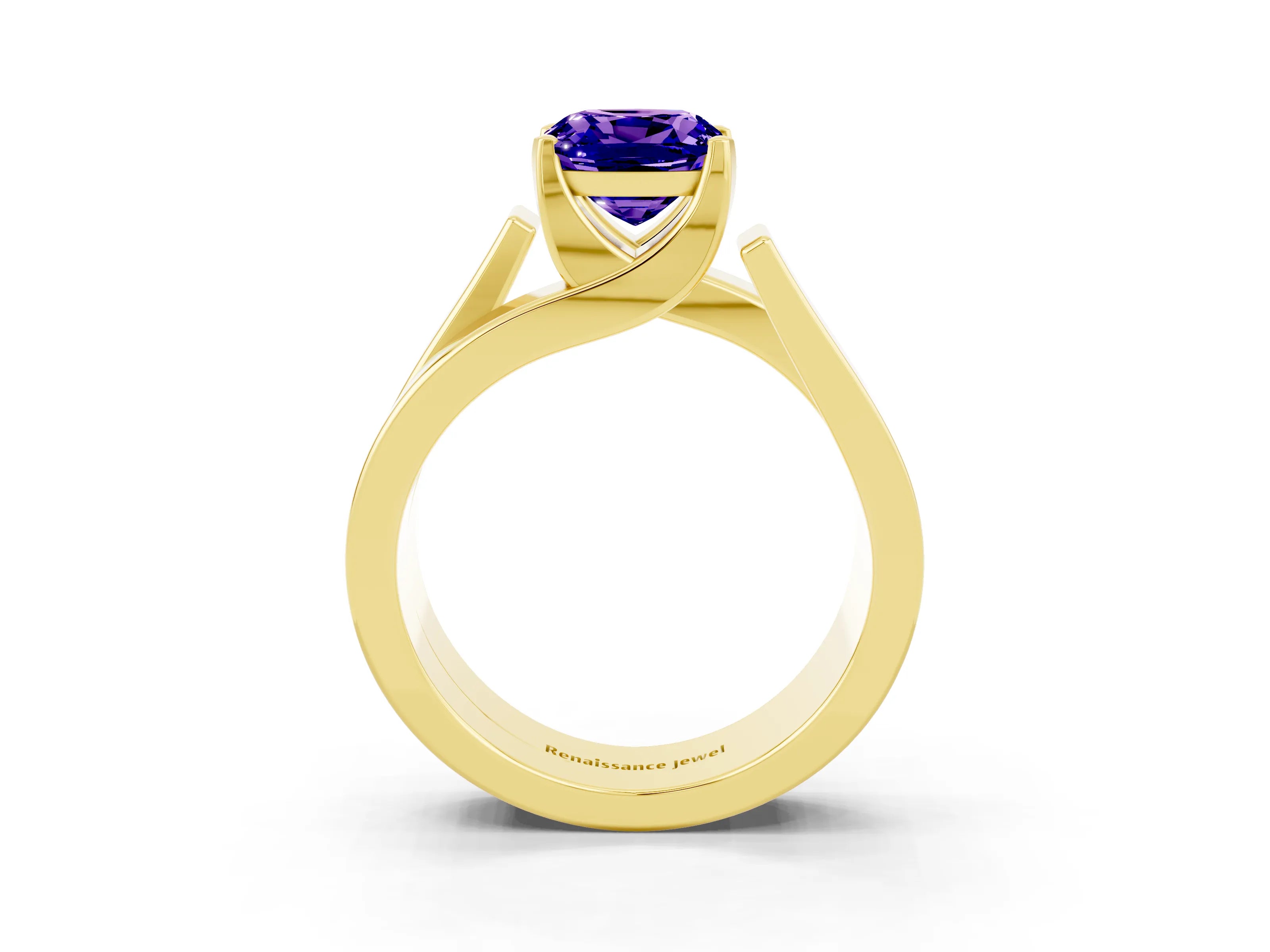 Yellow gold Modern Tension Set Cushion Cut Tanzanite Solitaire Wide Band Ring_3