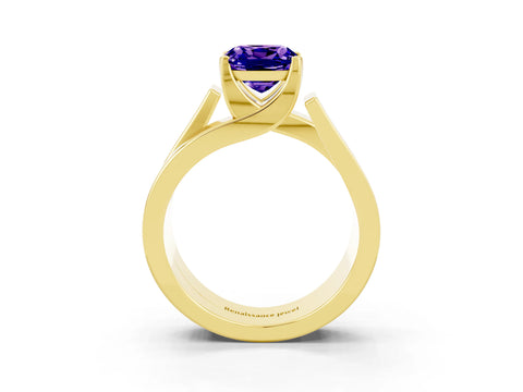 Yellow gold Modern Tension Set Cushion Cut Tanzanite Solitaire Wide Band Ring_3