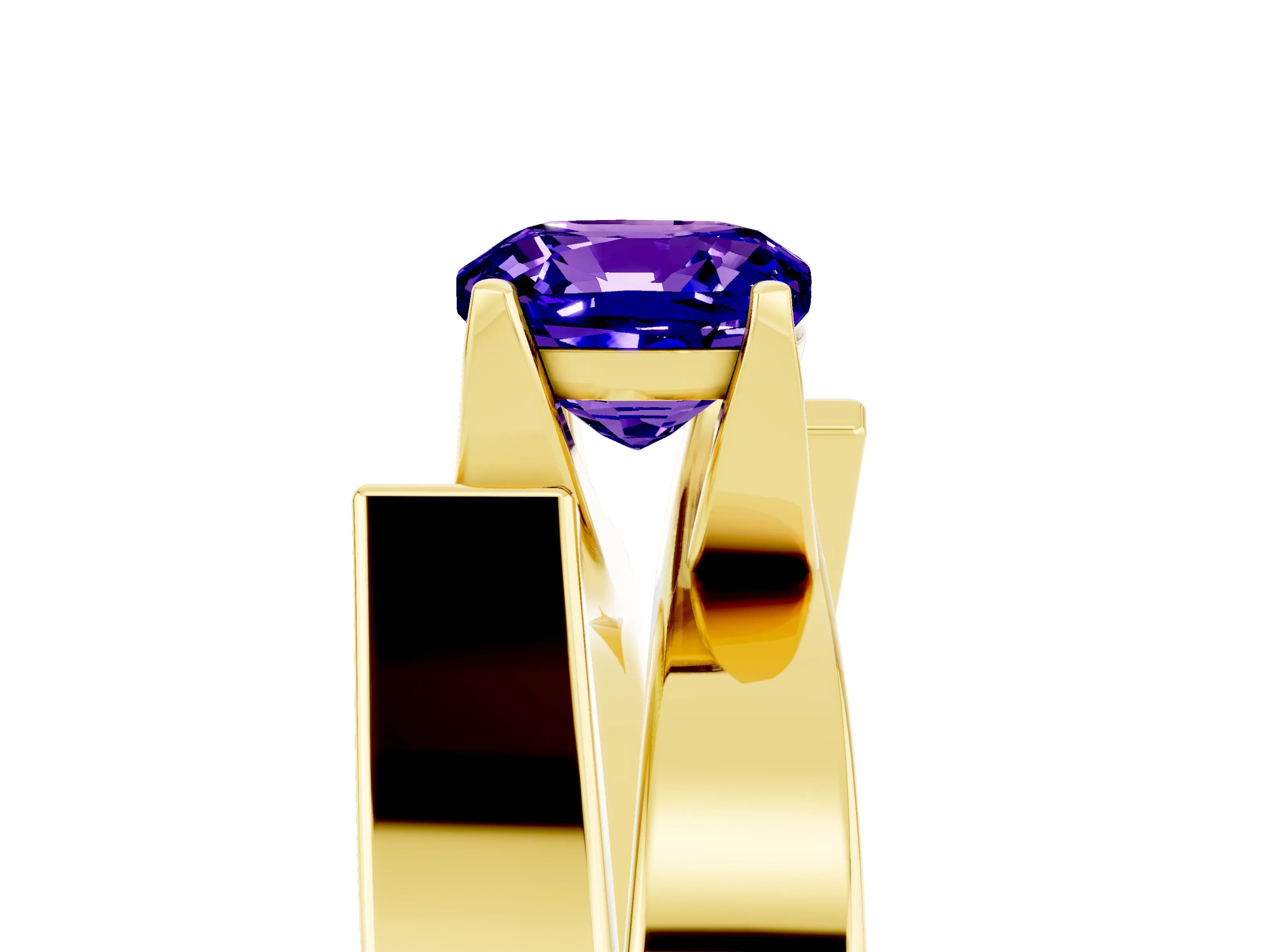 Yellow gold Modern Tension Set Cushion Cut Tanzanite Solitaire Wide Band Ring_5