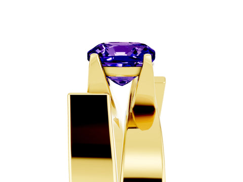 Yellow gold Modern Tension Set Cushion Cut Tanzanite Solitaire Wide Band Ring_5