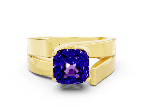 Yellow gold Modern Tension Set Cushion Cut Tanzanite Solitaire Wide Band Ring