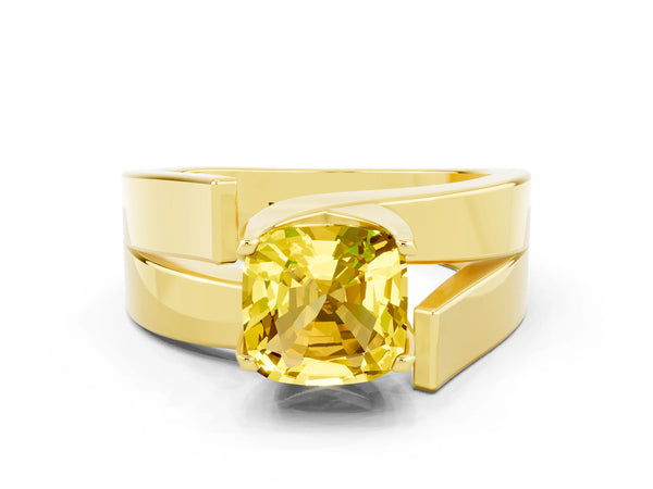 Yellow gold Modern Tension Set Cushion Cut Yellow Sapphire Solitaire Wide Band Ring