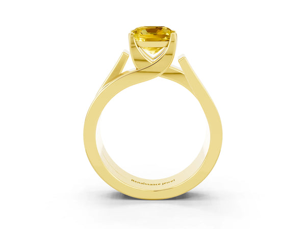 Yellow gold Modern Tension Set Cushion Cut Yellow Sapphire Solitaire Wide Band Ring