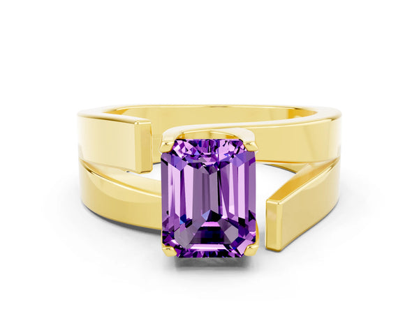 Yellow gold Modern Tension Set Emerald Cut Amethyst Solitaire Wide Band Ring