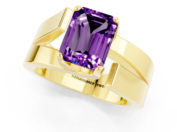 Yellow gold Modern Tension Set Emerald Cut Amethyst Solitaire Wide Band Ring