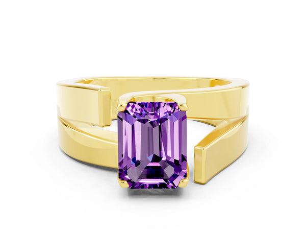 Yellow gold Modern Tension Set Emerald Cut Amethyst Solitaire Wide Band Ring