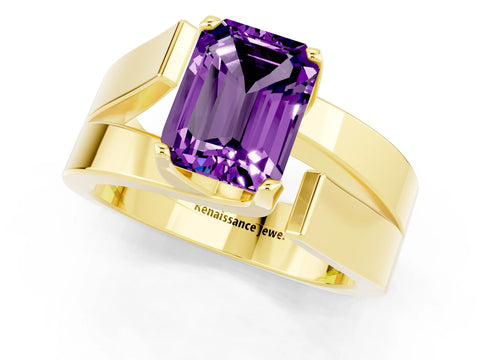 Yellow gold Modern Tension Set Emerald Cut Amethyst Solitaire Wide Band Ring_13