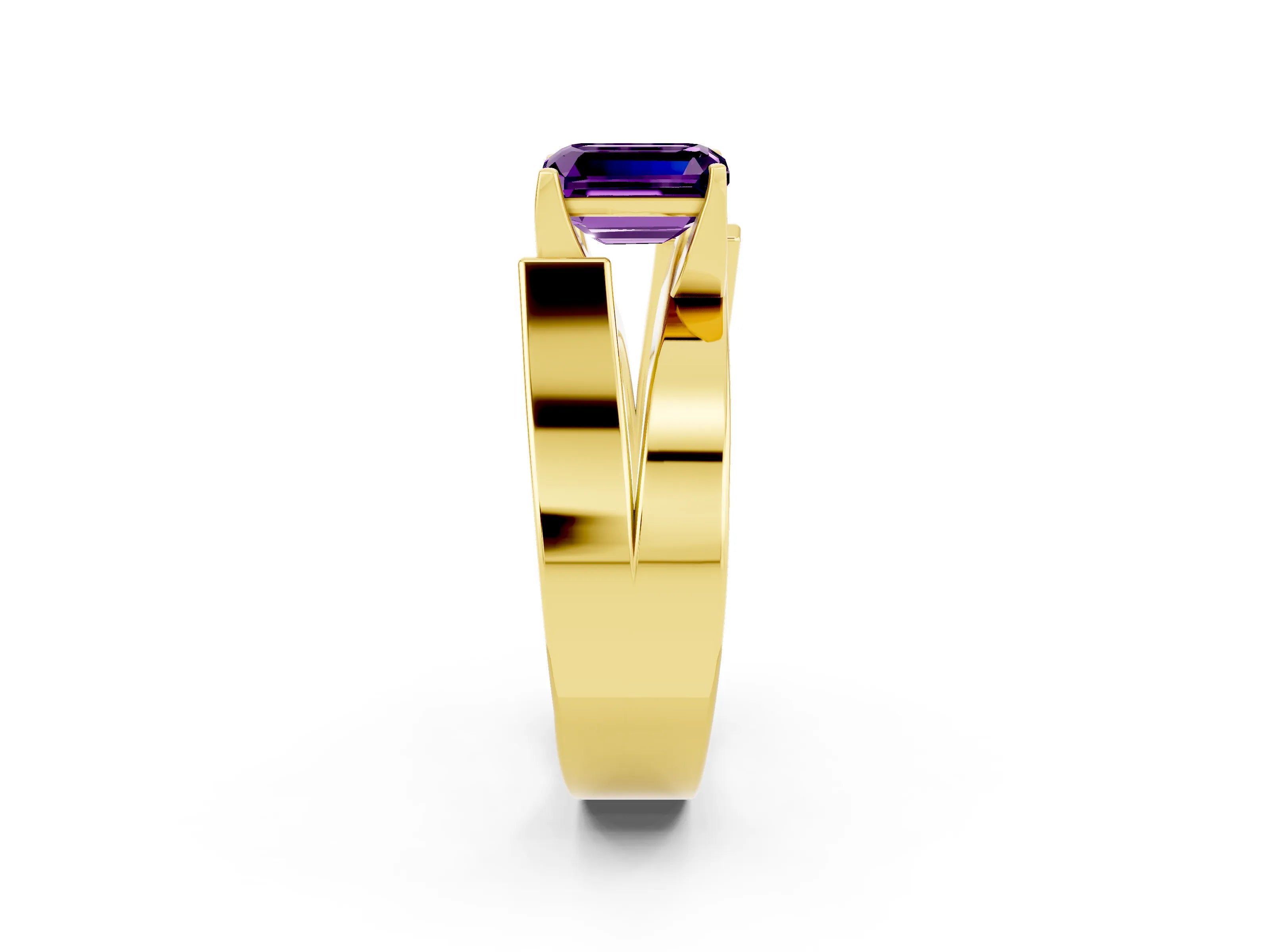 Yellow gold Modern Tension Set Emerald Cut Amethyst Solitaire Wide Band Ring_14