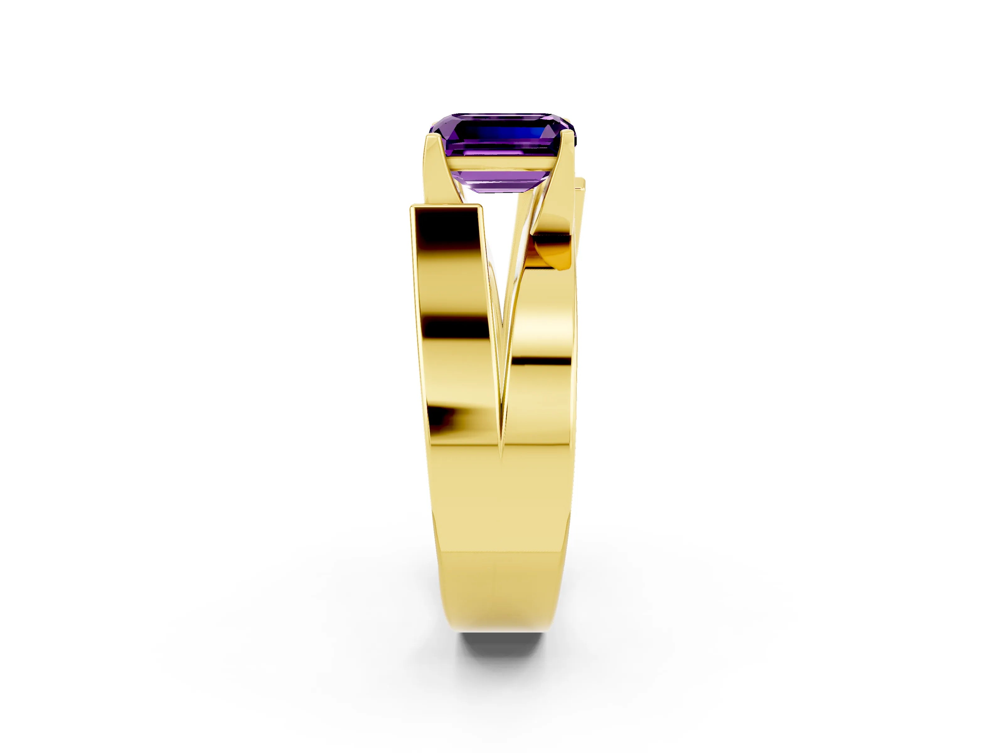 Yellow gold Modern Tension Set Emerald Cut Amethyst Solitaire Wide Band Ring_2