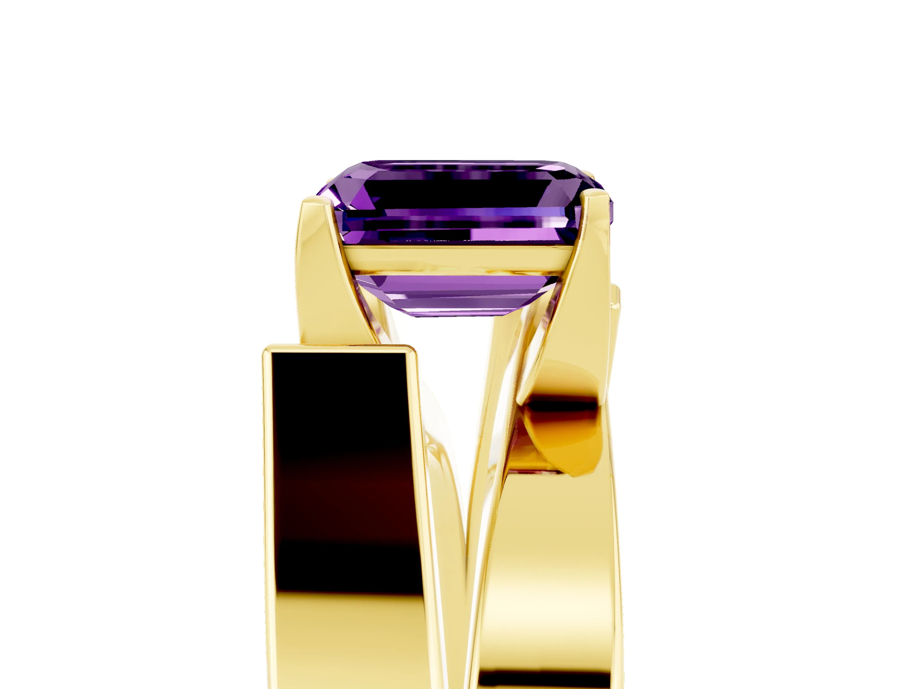 Yellow gold Modern Tension Set Emerald Cut Amethyst Solitaire Wide Band Ring_5