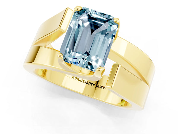 Yellow gold Modern Tension Set Emerald Cut Aquamarine Solitaire Wide Band Ring