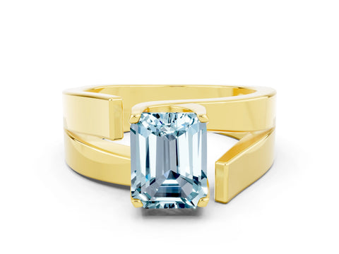 Yellow gold Modern Tension Set Emerald Cut Aquamarine Solitaire Wide Band Ring_12