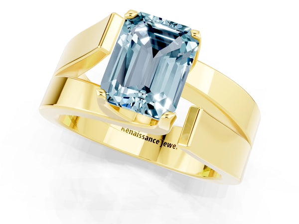 Yellow gold Modern Tension Set Emerald Cut Aquamarine Solitaire Wide Band Ring