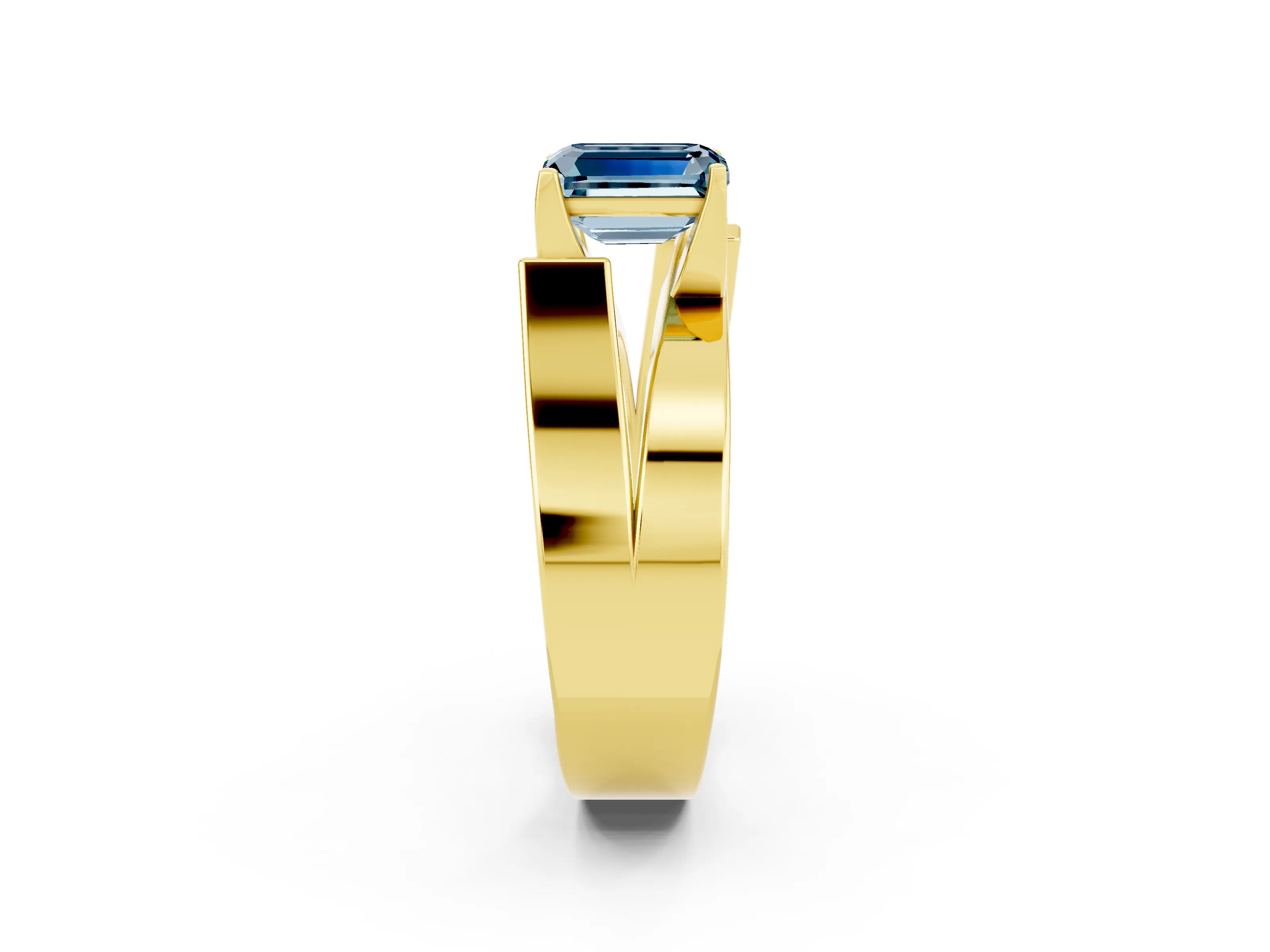 Yellow gold Modern Tension Set Emerald Cut Aquamarine Solitaire Wide Band Ring_14