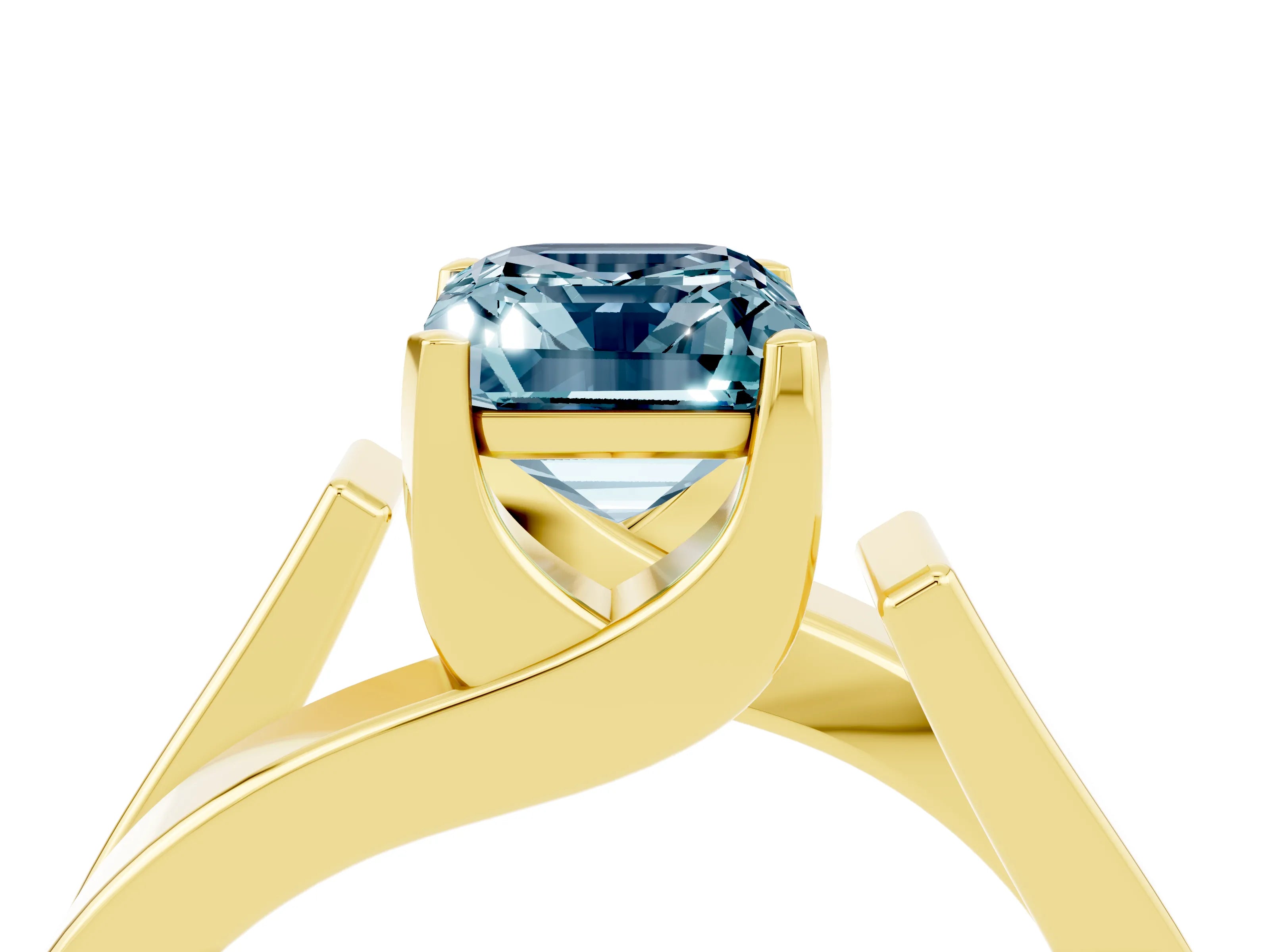 Yellow gold Modern Tension Set Emerald Cut Aquamarine Solitaire Wide Band Ring_16