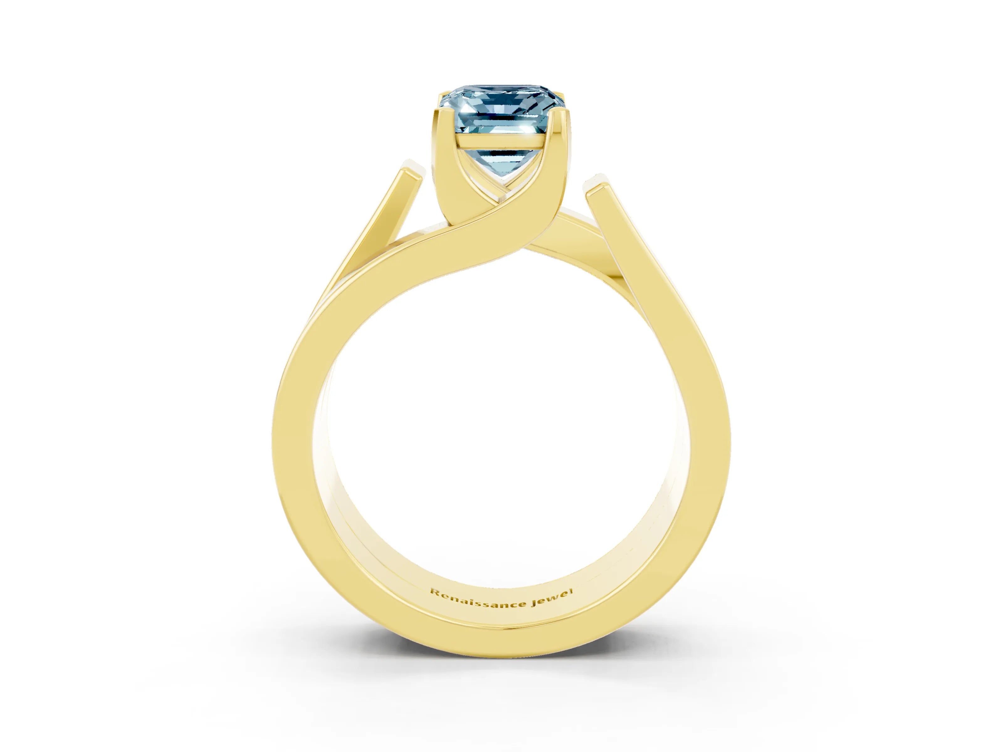 Yellow gold Modern Tension Set Emerald Cut Aquamarine Solitaire Wide Band Ring_3