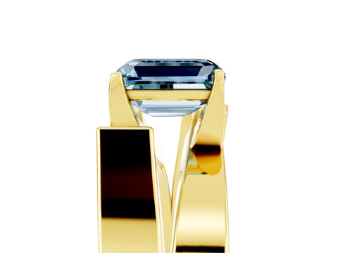 Yellow gold Modern Tension Set Emerald Cut Aquamarine Solitaire Wide Band Ring_5