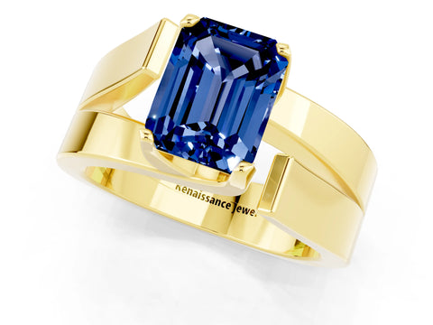 Yellow gold Modern Tension Set Emerald Cut Blue Sapphire Solitaire Wide Band Ring_1