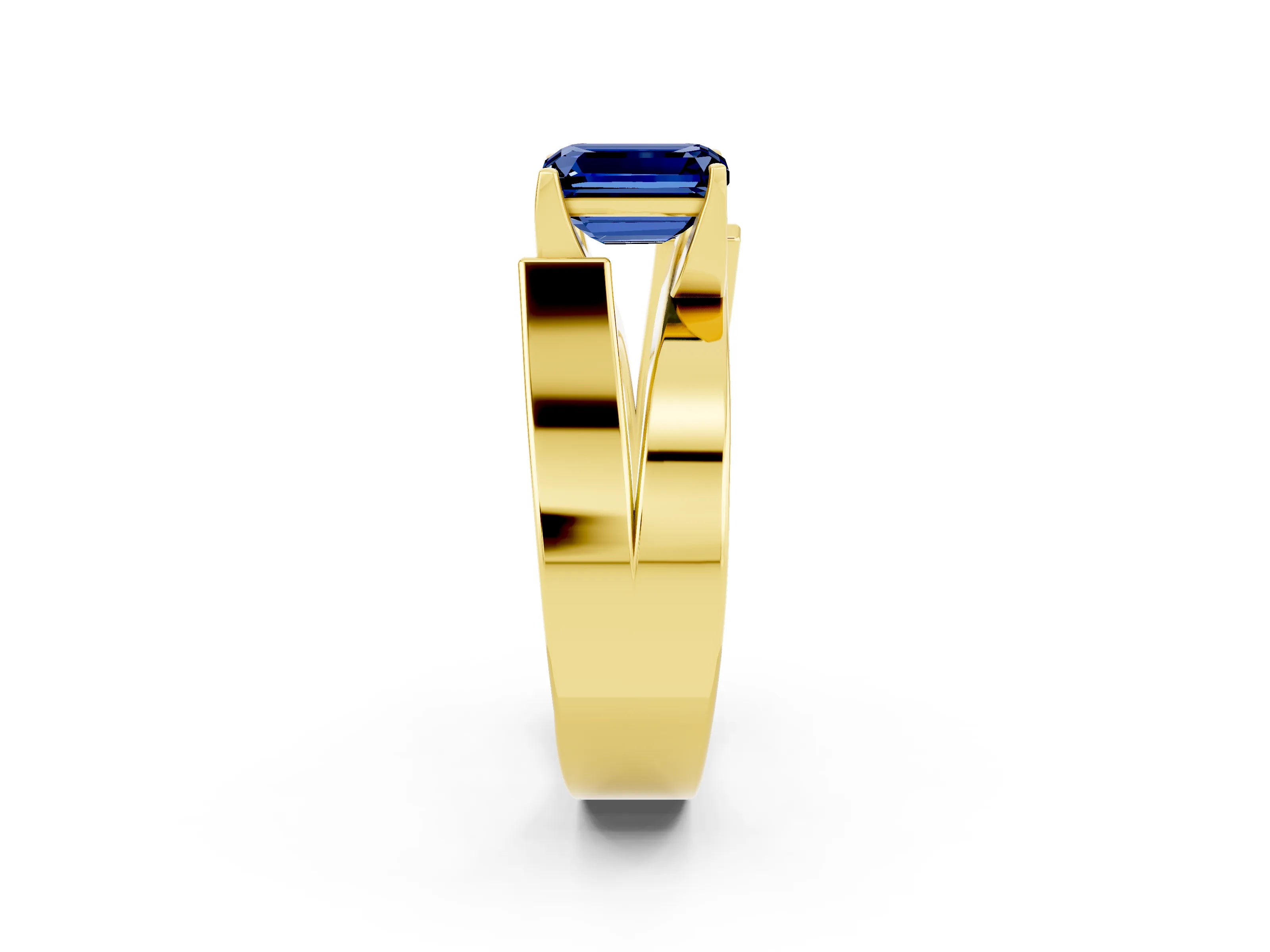 Yellow gold Modern Tension Set Emerald Cut Blue Sapphire Solitaire Wide Band Ring_2