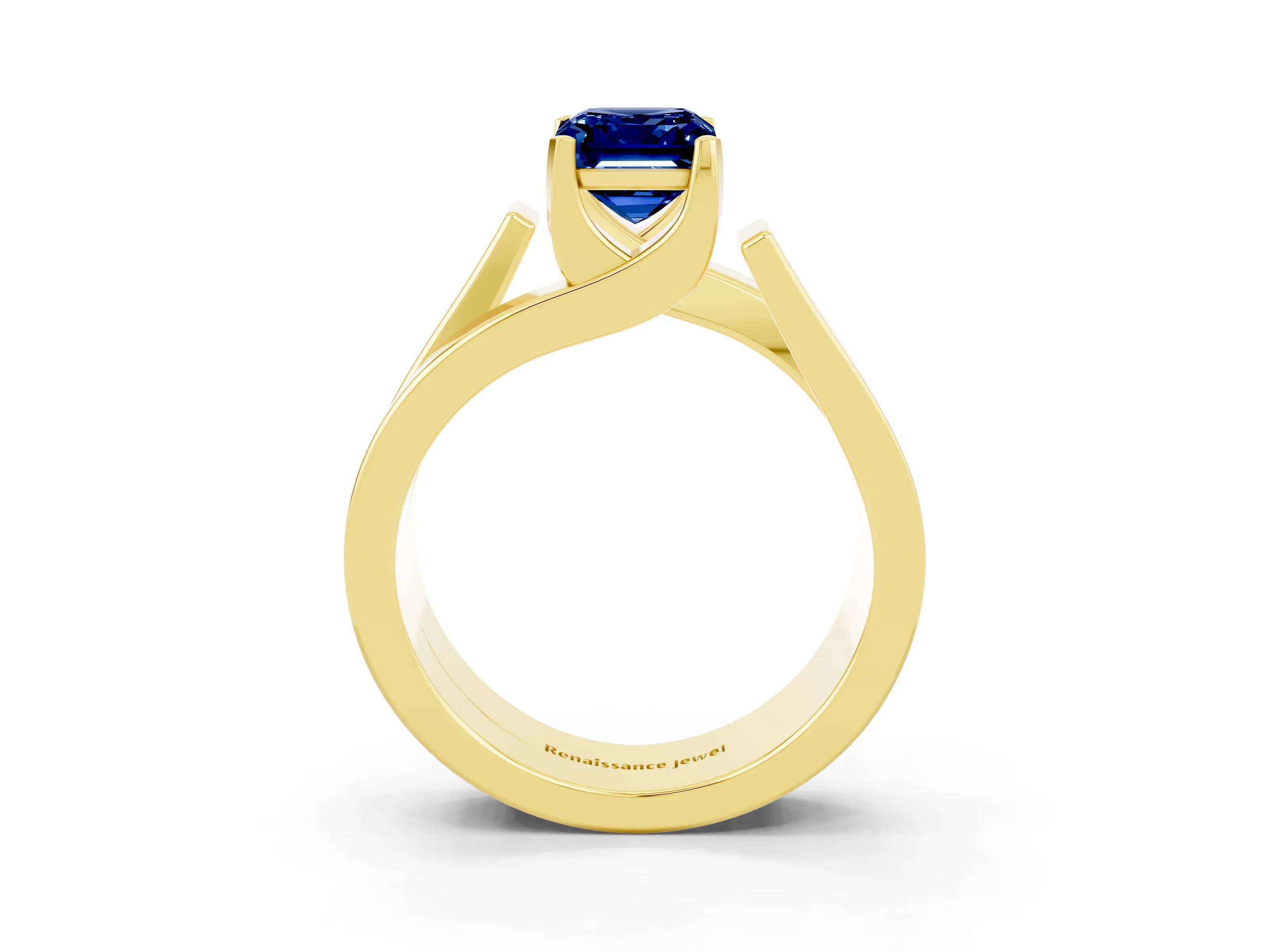 Yellow gold Modern Tension Set Emerald Cut Blue Sapphire Solitaire Wide Band Ring_3