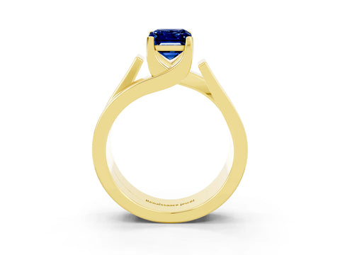 Yellow gold Modern Tension Set Emerald Cut Blue Sapphire Solitaire Wide Band Ring_3
