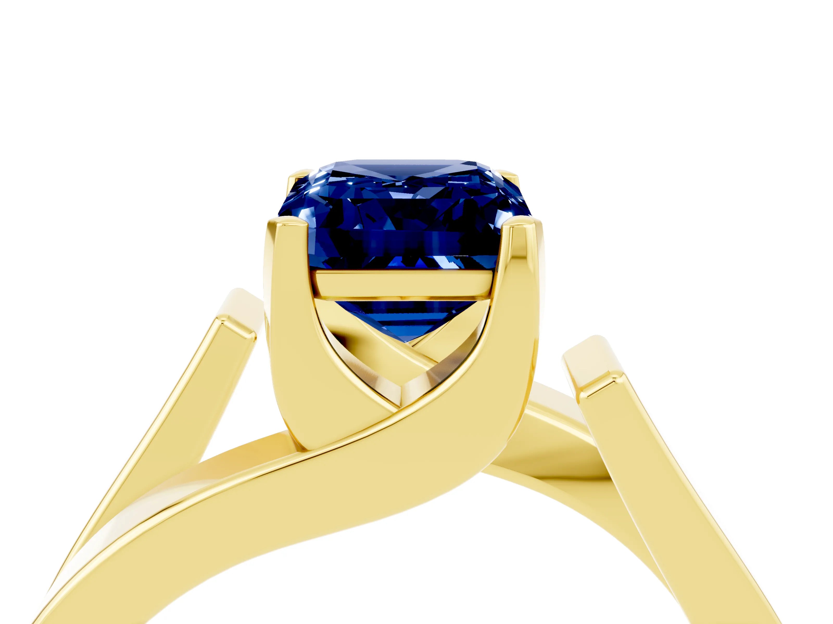 Yellow gold Modern Tension Set Emerald Cut Blue Sapphire Solitaire Wide Band Ring_4