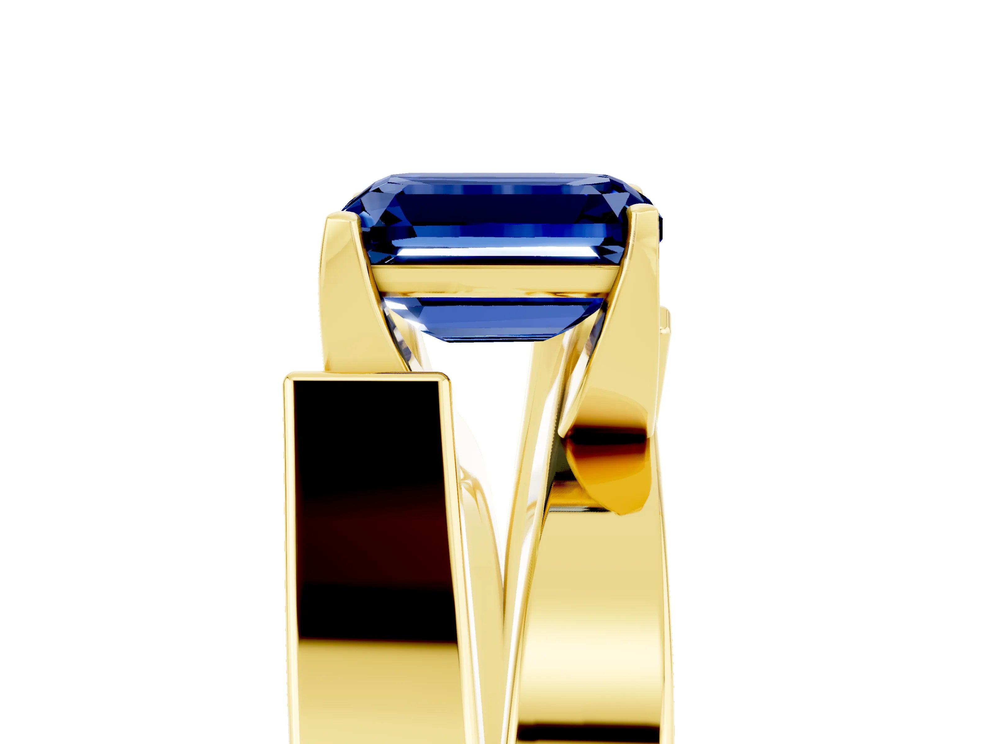Yellow gold Modern Tension Set Emerald Cut Blue Sapphire Solitaire Wide Band Ring_5