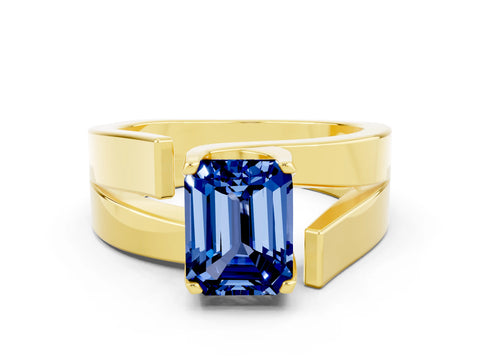 Yellow gold Modern Tension Set Emerald Cut Blue Sapphire Solitaire Wide Band Ring