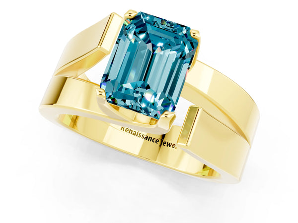 Yellow gold Modern Tension Set Emerald Cut Blue Topaz Solitaire Wide Band Ring
